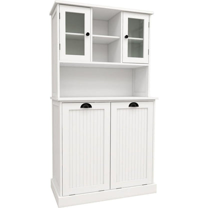 Two-Compartment Tilt-Out Dirty Laundry Basket Tall Bathroom Cabinet with 2 Adjustable Shelves-White