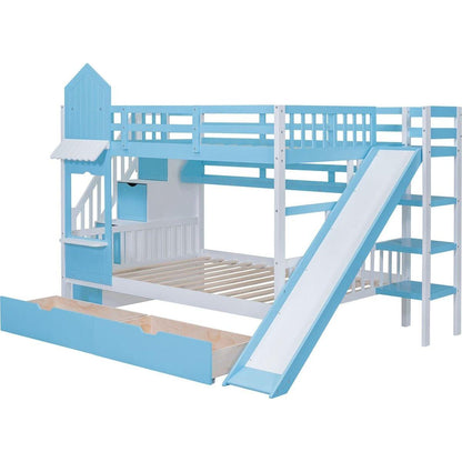 Full-Over-Full Castle Style Bunk Bed with 2 Drawers 3 Shelves and Slide - Blue