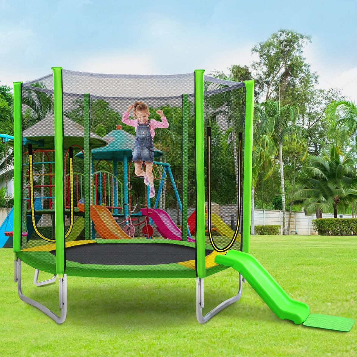 7FT Trampoline for Kids with Safety Enclosure Net, Slide and Ladder, Easy Assembly Round Outdoor Recreational Trampoline