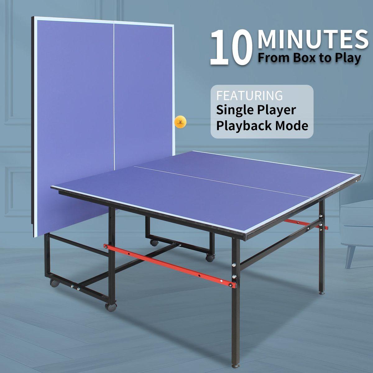 8ft Mid-Size Table Tennis Table Foldable & Portable Ping Pong Table Set for Indoor & Outdoor Games with Net, 2 Table Tennis Paddles and 3 Balls
