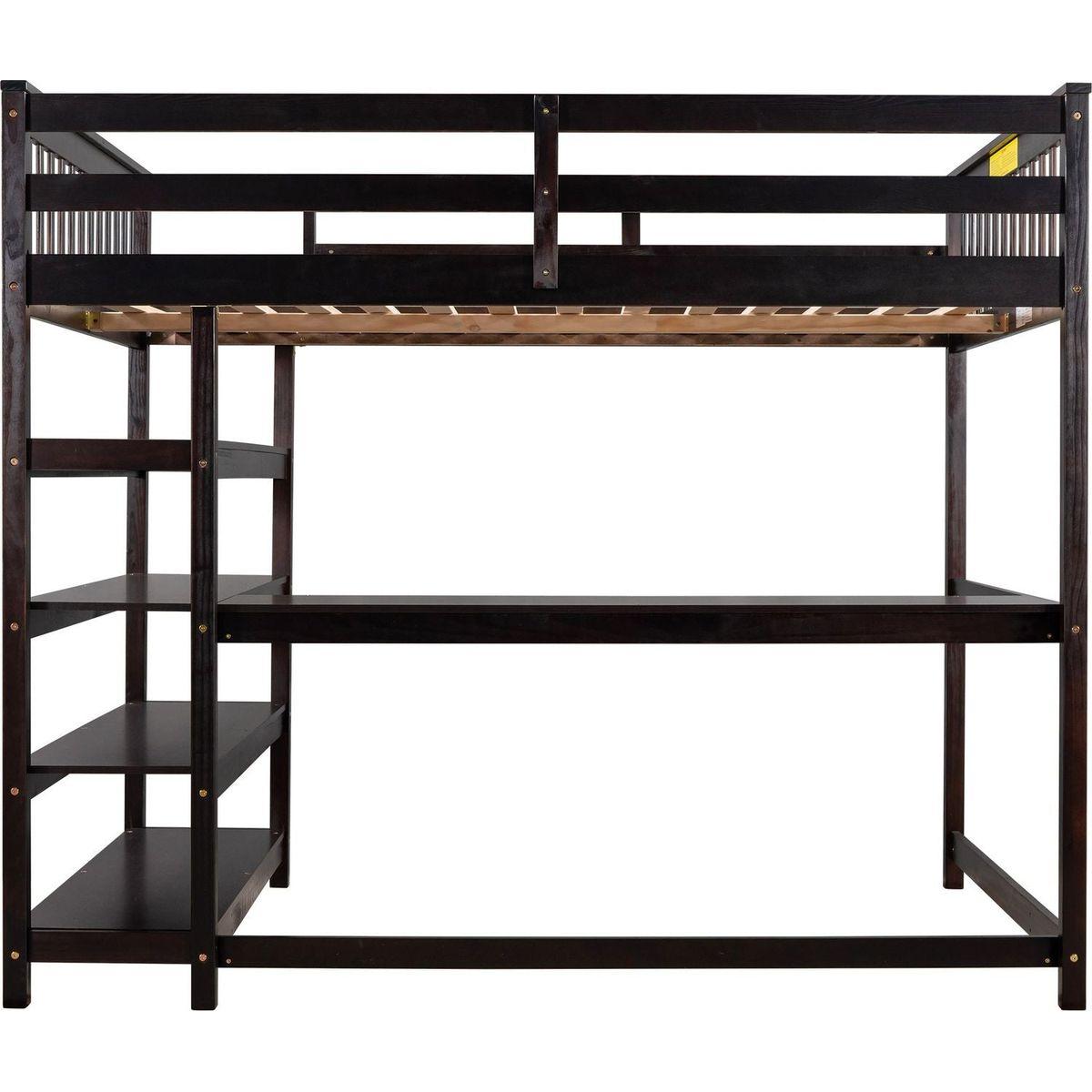 Full Size Loft Bed with Storage Shelves and Under-bed Desk, Espresso