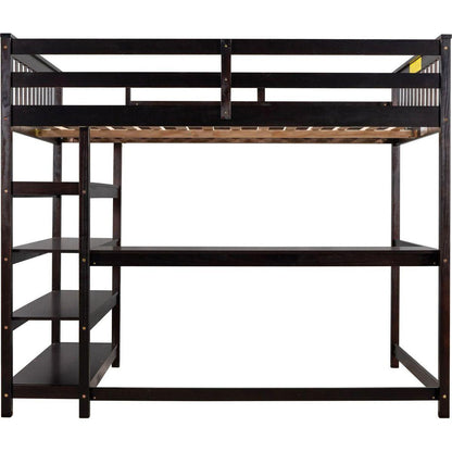 Full Size Loft Bed with Storage Shelves and Under-bed Desk, Espresso