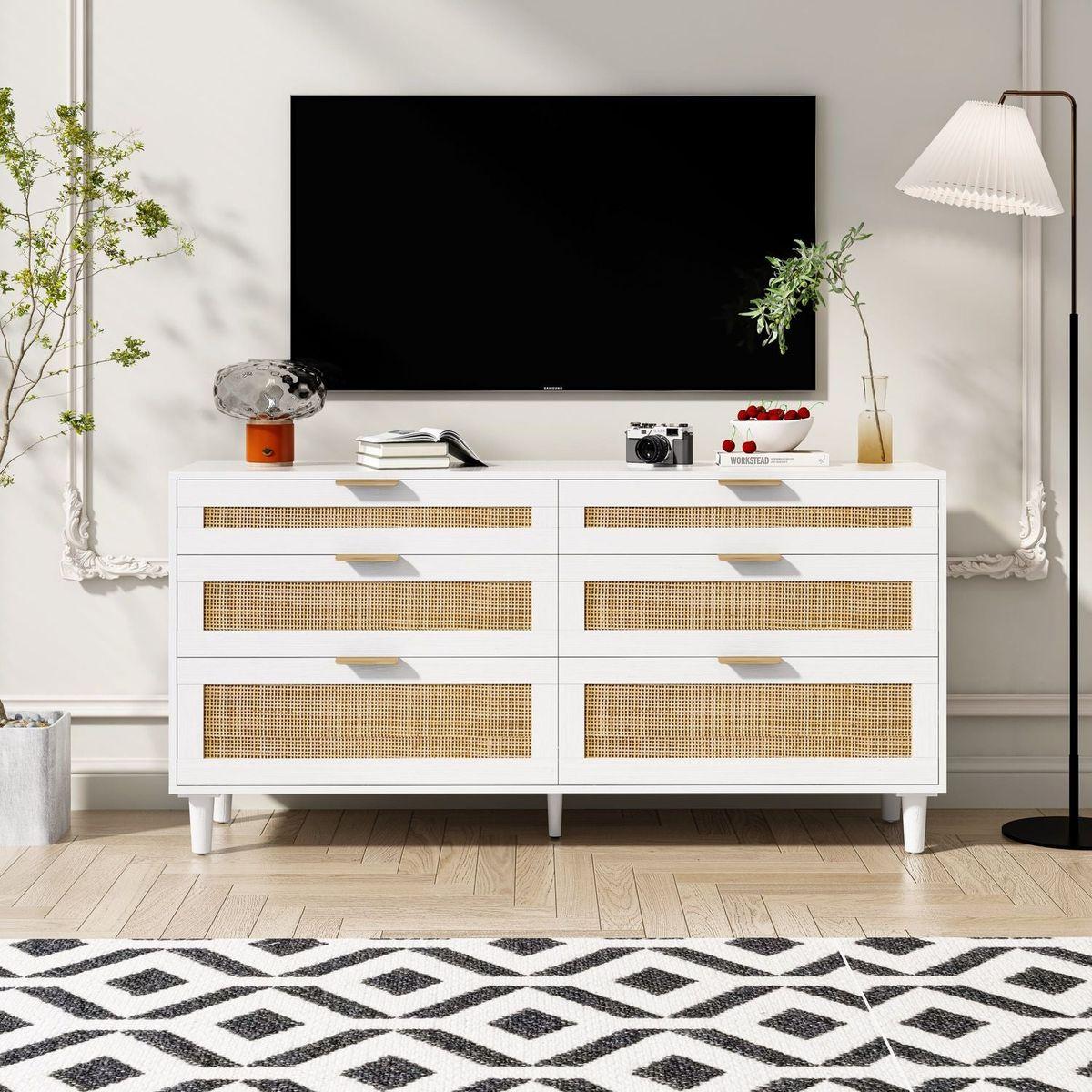 59" Rattan Dresser with Drawers, 6 Drawer Dresser for Bedroom, Clothes Storage Cabinet for Bedroom, Metal Handle&Wood Legs for Hallway, Living Room, Bedroom,White