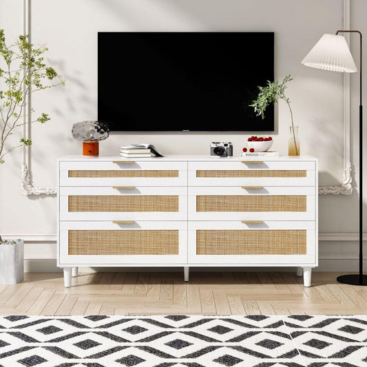 59" Rattan Dresser with Drawers, 6 Drawer Dresser for Bedroom, Clothes Storage Cabinet for Bedroom, Metal Handle&Wood Legs for Hallway, Living Room, Bedroom,White