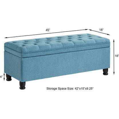 Upholstered tufted button storage bench, Linen fabric entry bench with spindle wooden legs, Bed bench- Light Blue