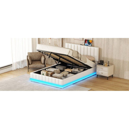 Full Size Upholstered Bed with Hydraulic Storage System and LED Light, Modern Platform Bed with Sockets and USB Ports, White