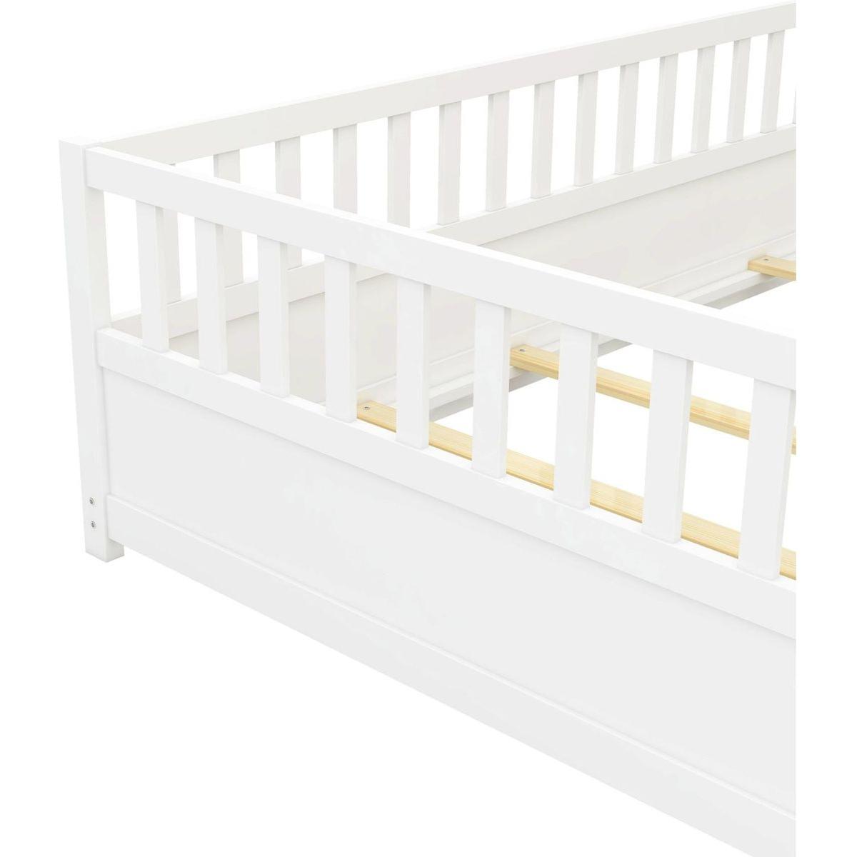 Full size Floor bed, integral construction with super high security barrier, door, children's floor bed frame, Montessori wooden children's floor bed, Support slat white - Streamdale Furniture