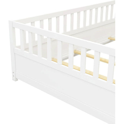 Full size Floor bed, integral construction with super high security barrier, door, children's floor bed frame, Montessori wooden children's floor bed, Support slat white - Streamdale Furniture