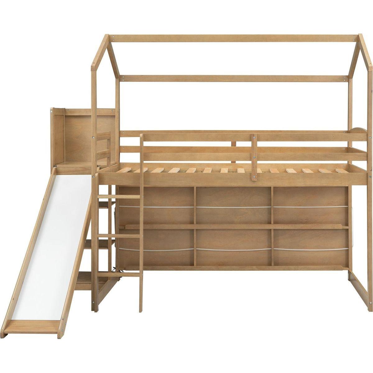 Twin Size Wood House Loft bed with Slide, Storage shelves and Light, Climbing Ramp, Wood Color