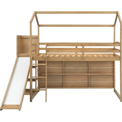 Twin Size Wood House Loft bed with Slide, Storage shelves and Light, Climbing Ramp, Wood Color
