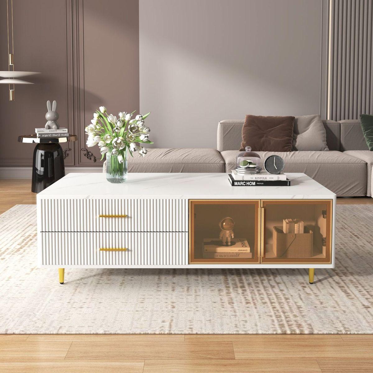 Modern White Coffee Table with 2 Glass Door Storage, 4 Drawers, Gold Metal Legs, and Multi-Color Lighting in 47.2"