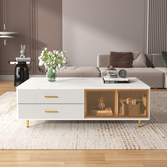 Modern White Coffee Table with 2 Glass Door Storage, 4 Drawers, Gold Metal Legs, and Multi-Color Lighting in 47.2"