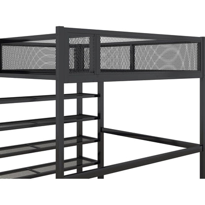 Full Size Metal Loft Bed with 4-Tier Shelves and Storage, Black