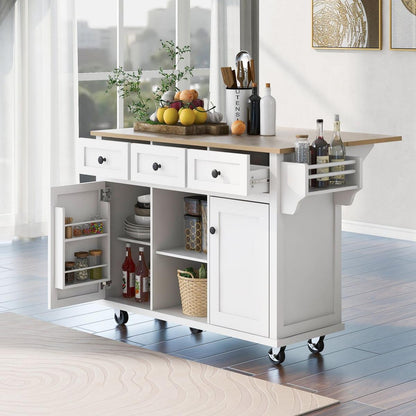 Kitchen Cart with Rubber wood Drop-Leaf Countertop, Cabinet door internal storage racks,Kitchen Island on 5 Wheels with Storage Cabinet and 3 Drawers for Dining Room,White