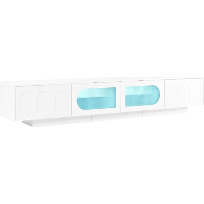 TV Stand with Fluted tempered Glass Doors for TVs Up to 95", Functional Media Console with Arched Cabinet Doors, Entertainment Center with APP-Controlled LED Light for Living Room, White