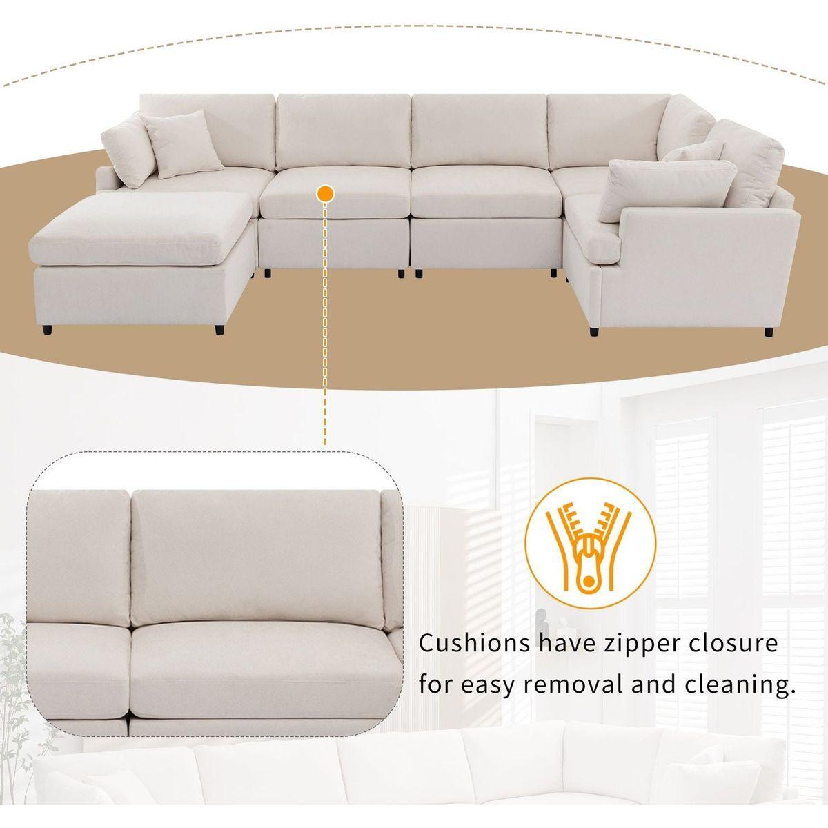 Modern Large U-Shape Sectional Sofa, with Removable Ottomans for Living Room (6-Seater)