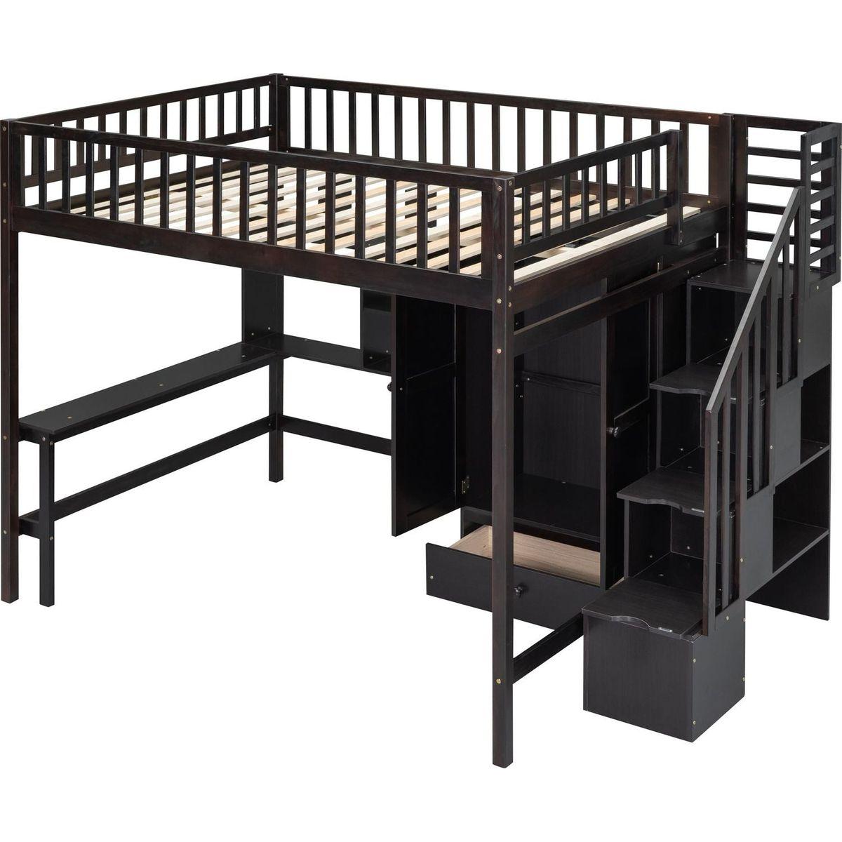 Full size Loft Bed with Bookshelf,Drawers,Desk,and Wardrobe-Espresso