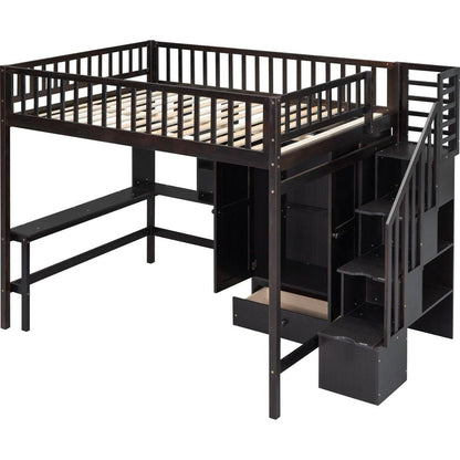 Full size Loft Bed with Bookshelf,Drawers,Desk,and Wardrobe-Espresso