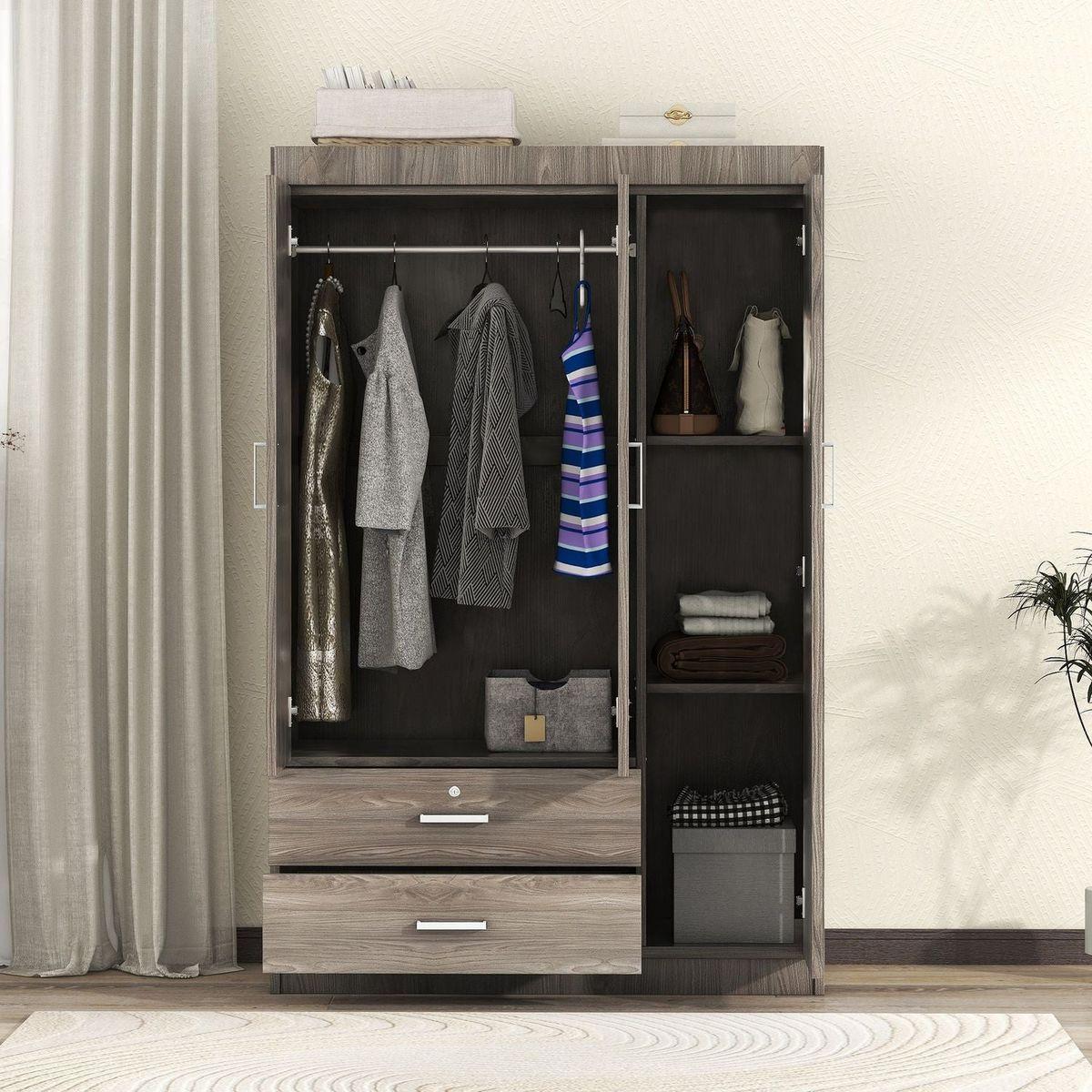 3-Door Wardrobe with 2 Drawers, Wood Grain Effect in Gray