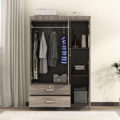 3-Door Wardrobe with 2 Drawers, Wood Grain Effect in Gray