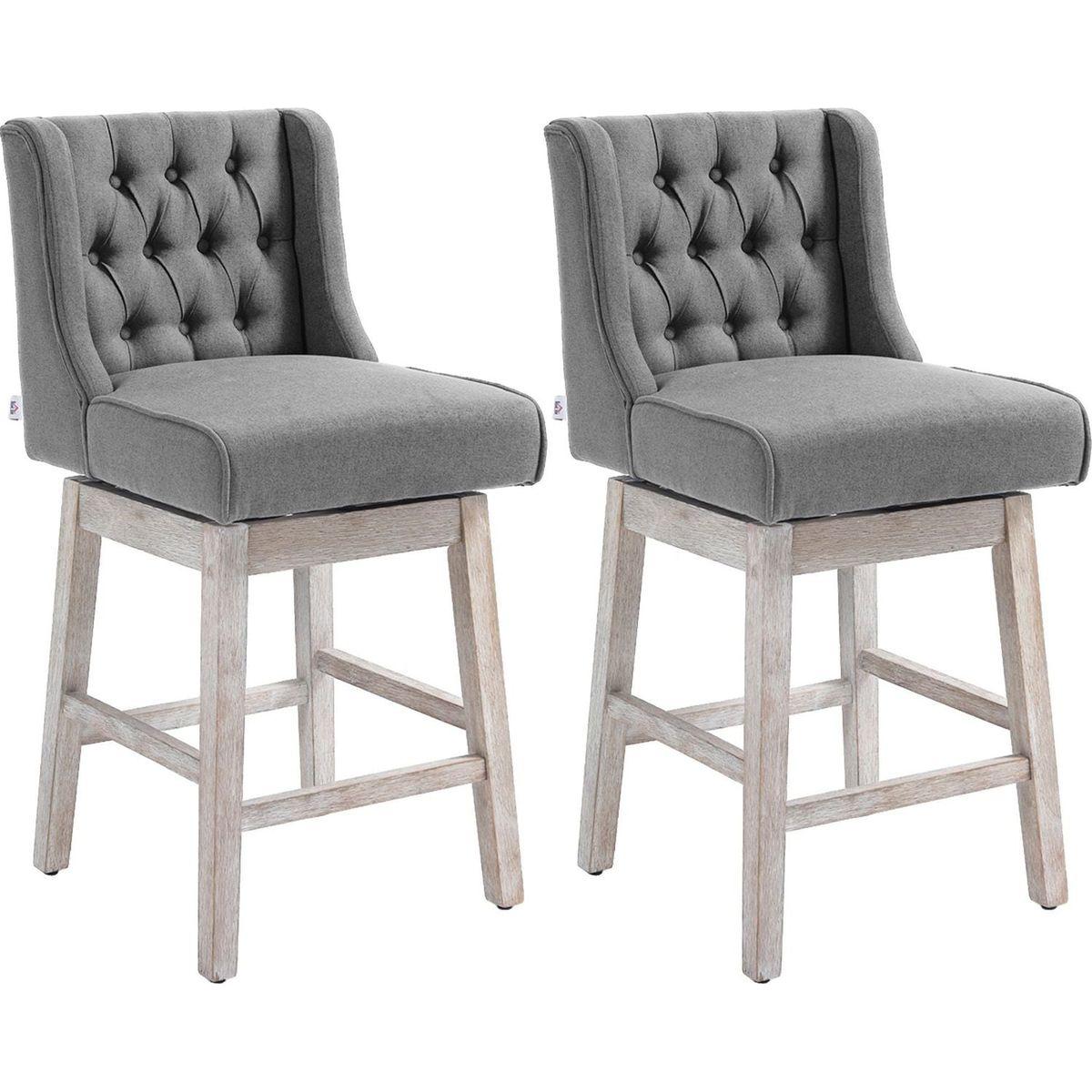 Counter Height Bar Stools Set of 2, 180 Degree Swivel Barstools, 27" Seat Height Bar Chairs with Solid Wood Footrests and Button Tufted Design, Gray