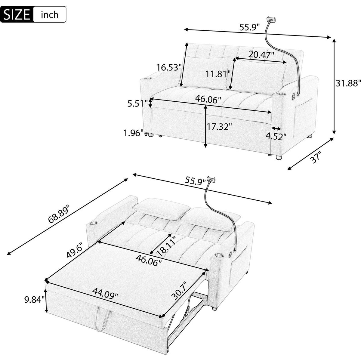 55.9" Convertible Sofa Bed Loveseat Sofa with Three USB Ports, Two Side Pockets, Two Cup Holders and 360Swivel Phone Holder for Living Room, Beige