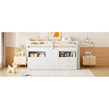 Twin Size Loft Bed with 4 Drawers, Underneath Cabinet and Shelves, White