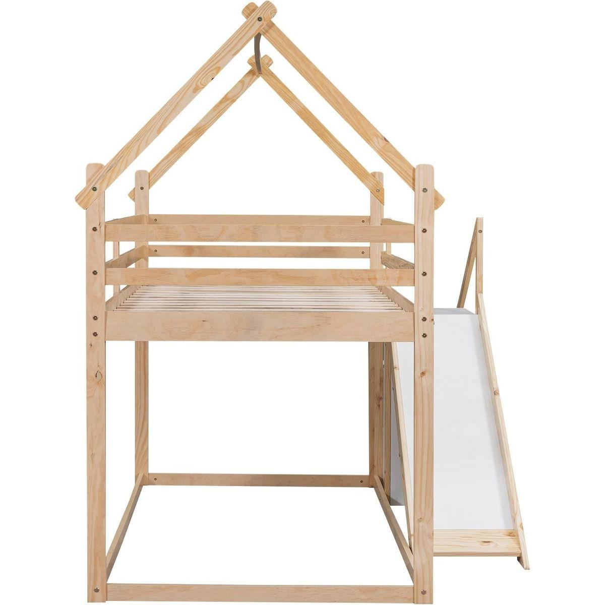 Twin over Twin House Loft or Bunk Bed with Slide and Staircase, Natural
