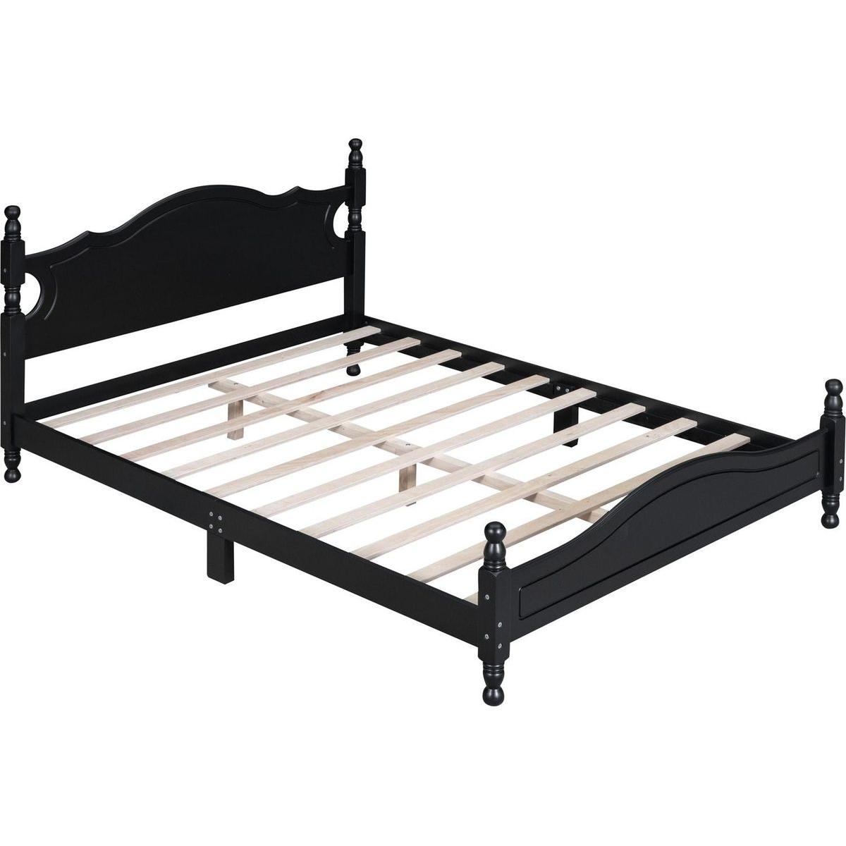 Queen Size Wood Platform Bed Frame,Retro Style Platform Bed with Wooden Slat Support,Black
