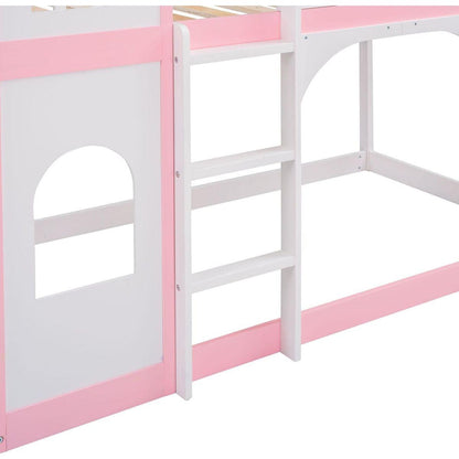 Twin Over Twin Castle Bunk Bed with Ladder - Pink