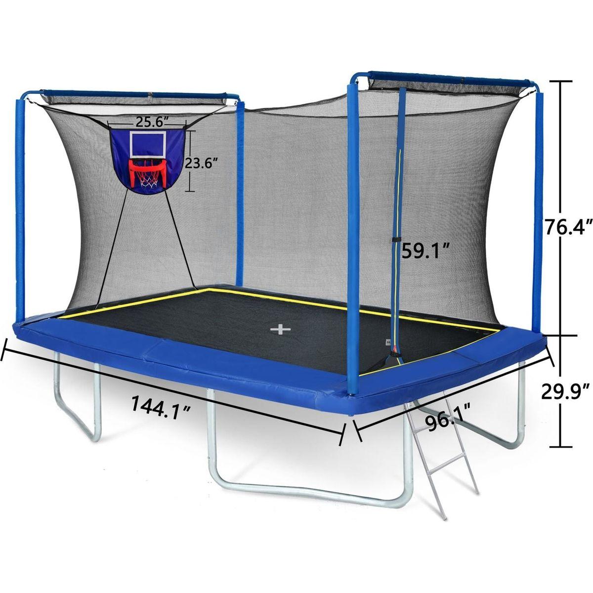 New YC 8ft by 12ft rectangular trampoline with basketball board,ball inflater and ladder-Blue ASTM standard tested and CPC certified