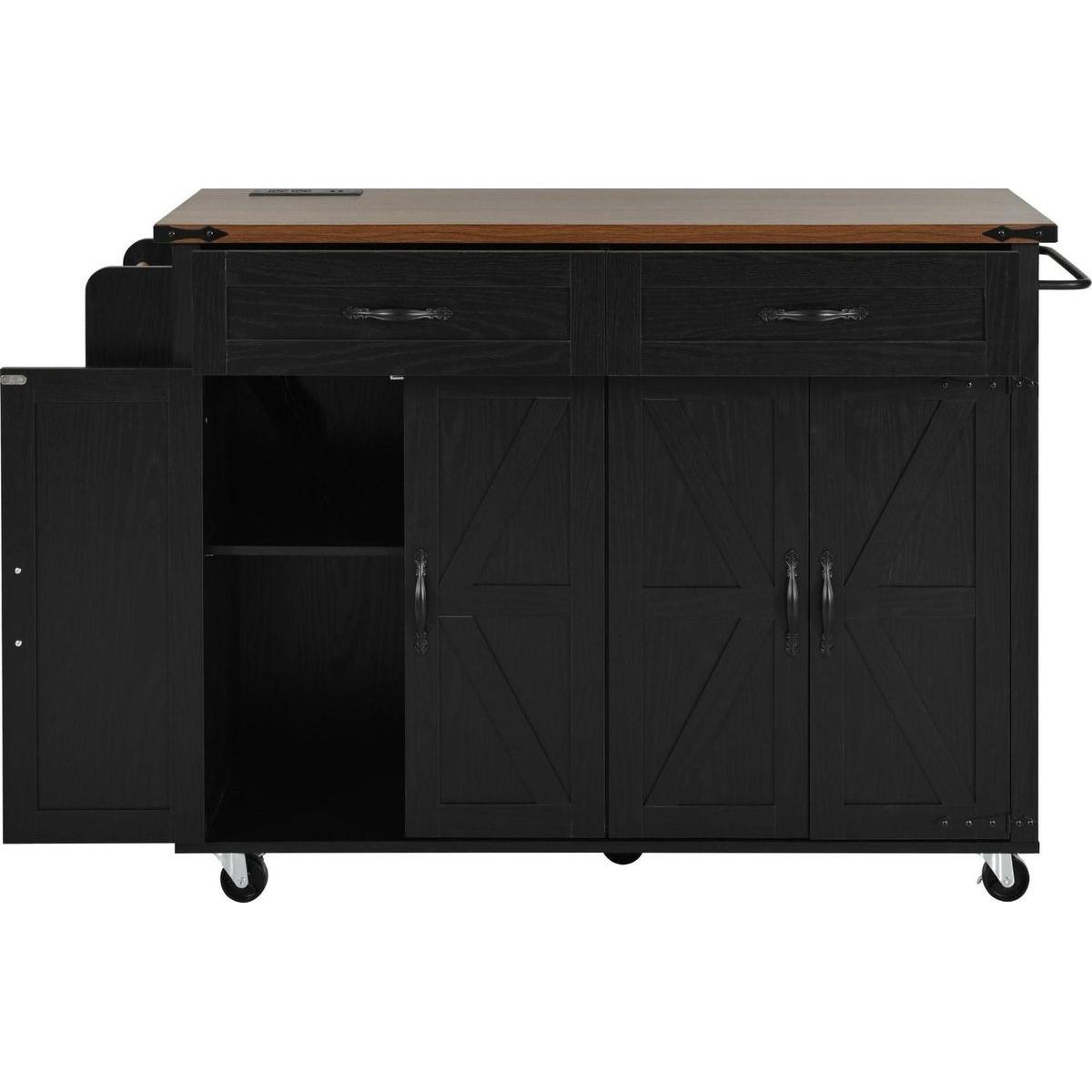 53.5"Farmhouse Kitchen Island with Power Outlet, Kitchen Storage Island with Drop Leaf, Spice Rack and Drawer, Rolling Kitchen Cart on Wheels, for Home, Kitchen and Dining Room, Black