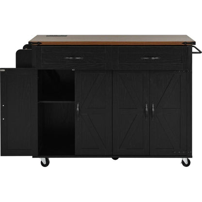 53.5"Farmhouse Kitchen Island with Power Outlet, Kitchen Storage Island with Drop Leaf, Spice Rack and Drawer, Rolling Kitchen Cart on Wheels, for Home, Kitchen and Dining Room, Black