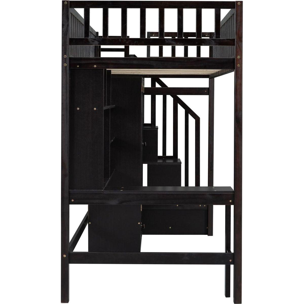 Twin size Loft Bed with Bookshelf,Drawers,Desk,and Wardrobe-Espresso
