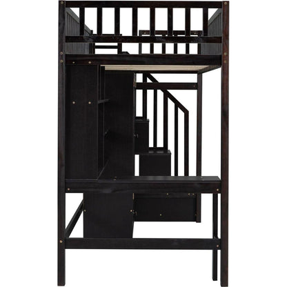 Twin size Loft Bed with Bookshelf,Drawers,Desk,and Wardrobe-Espresso