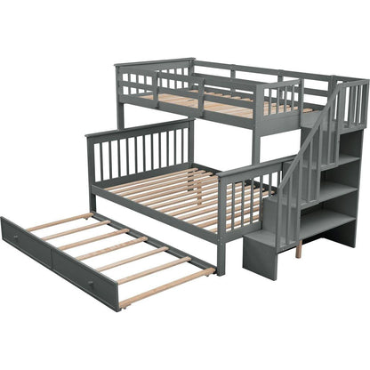 Stairway Twin-Over-Full Bunk Bed with Twin size Trundle, Storage and Guard Rail for Bedroom, Dorm, for Adults, Gray