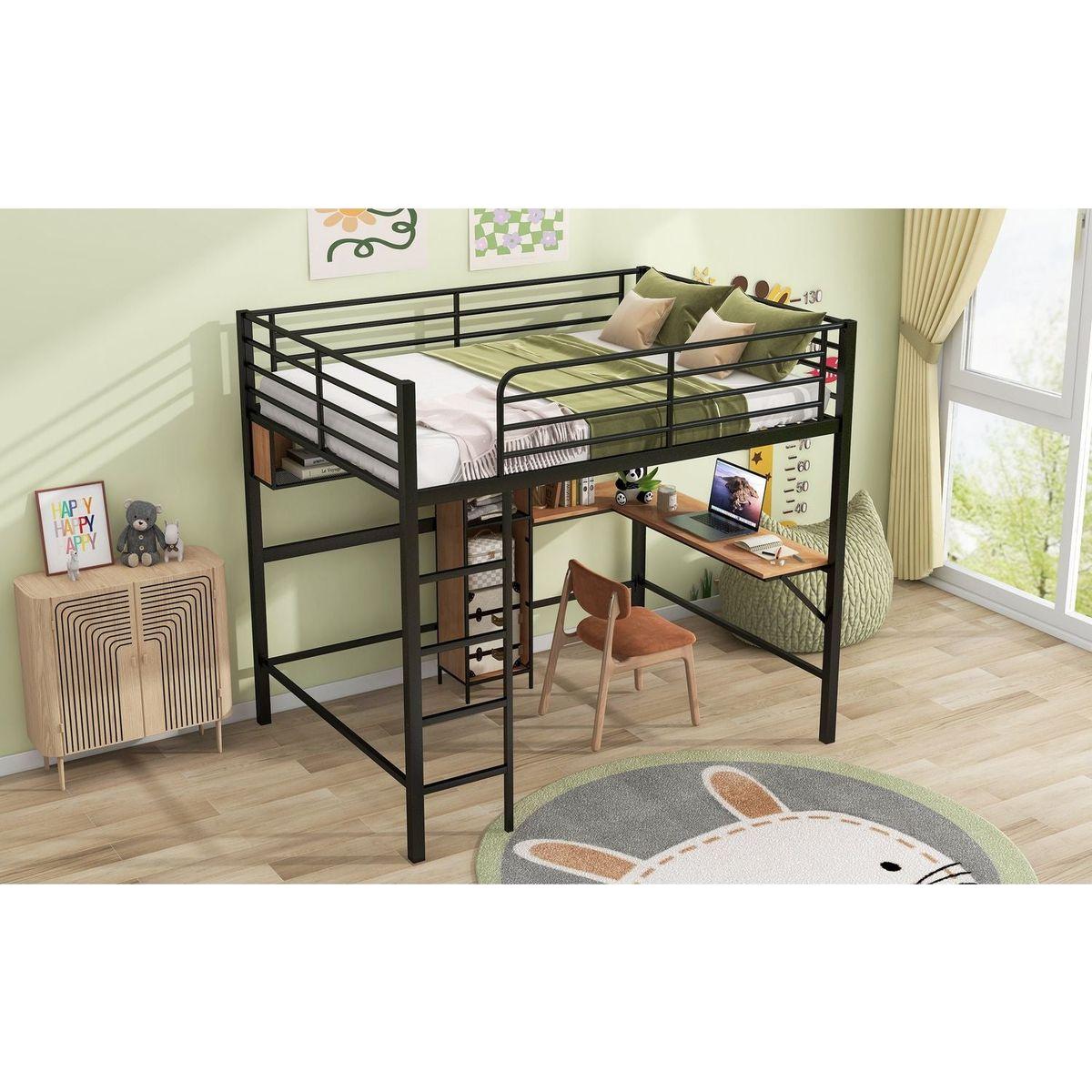 Full Size Metal & Wood Loft Bed with L -shaped desk and shelves, Black and Brown