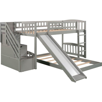 Stairway Twin over Twin Bunk Bed with Two Drawers and Slide, Gray