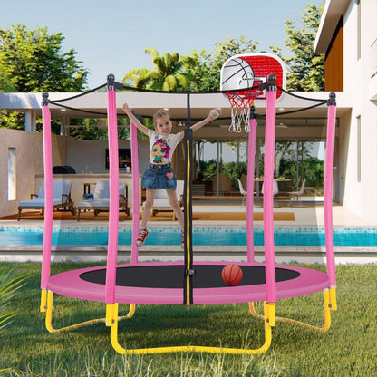 5.5FT Trampoline for Kids - 65" Outdoor & Indoor Mini Toddler Trampoline with Enclosure, Basketball Hoop and Ball Included