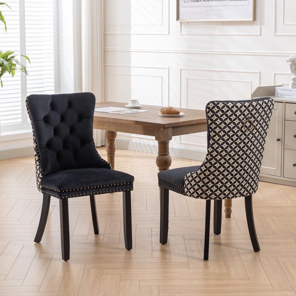 Classic Velvet Dining Chairs, High-end Tufted Solid Wood Contemporary Velvet Upholstered Dining Chair with Wood Legs Nailhead, SET OF 2,Black and Patterned