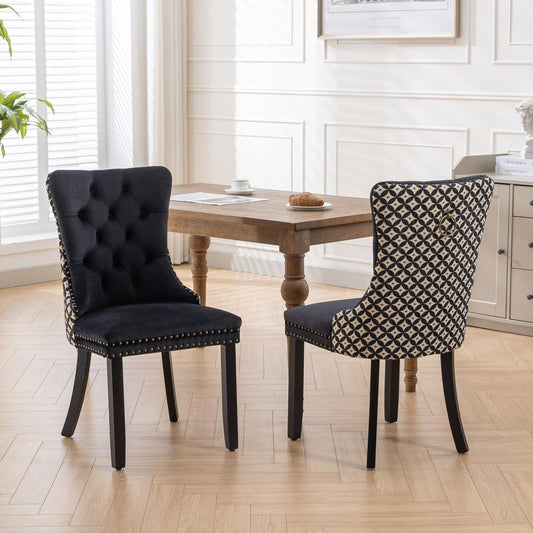 Classic Velvet Dining Chairs, High-end Tufted Solid Wood Contemporary Velvet Upholstered Dining Chair with Wood Legs Nailhead, SET OF 2,Black and Patterned