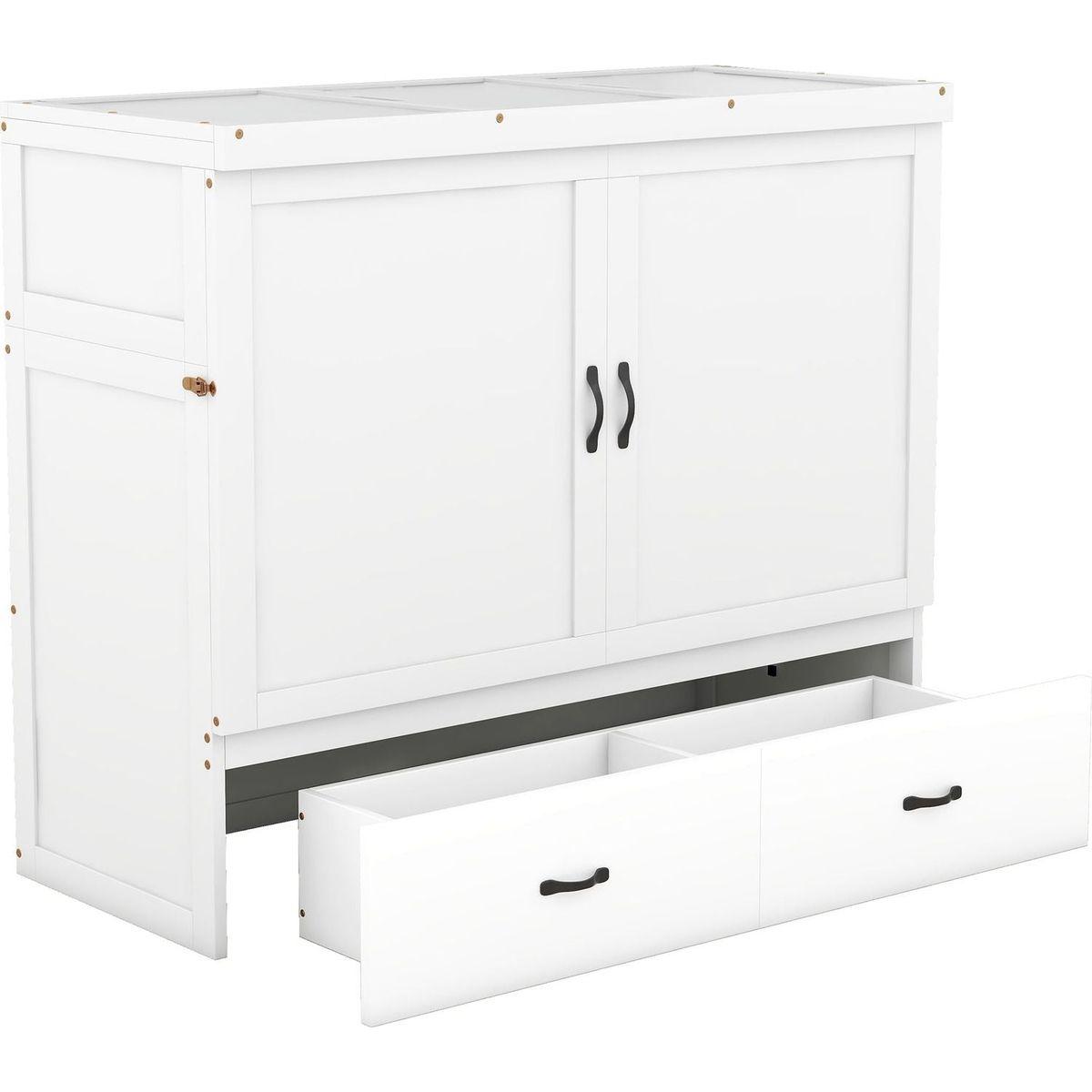 Full Size Murphy Bed with USB Port and a Large Drawer, White