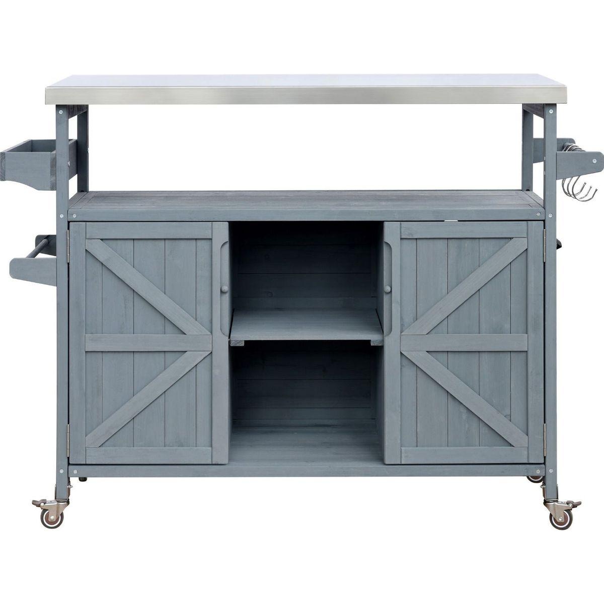 Outdoor Kitchen Island, Rolling Bar Cart & Storage Cabinet, Farmhouse Solid Wood Outdoor Grill Table with Stainless Steel Top, Spice Rack, Towel Rack for Kitchen & BBQ, Grey Blue