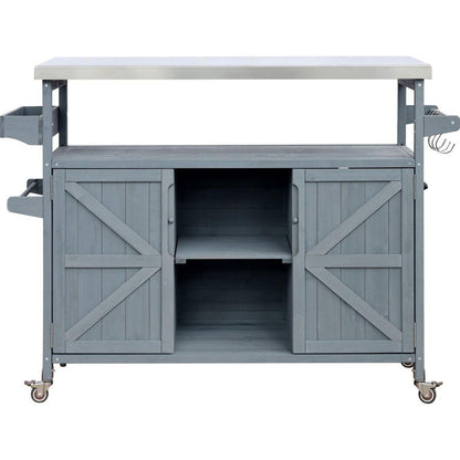 Outdoor Kitchen Island, Rolling Bar Cart & Storage Cabinet, Farmhouse Solid Wood Outdoor Grill Table with Stainless Steel Top, Spice Rack, Towel Rack for Kitchen & BBQ, Grey Blue