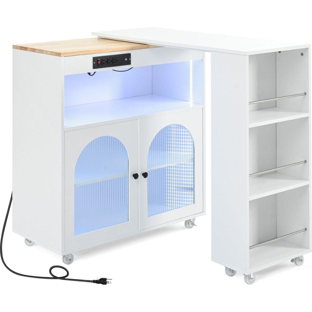 Rolling Kitchen Island With Movable Extended Table, Kitchen Cabinet on Wheels with Power Outlets and 2 Fluted Glass Doors, Kitchen Island with a Storage Compartment and Side 3 Open Shelves, White