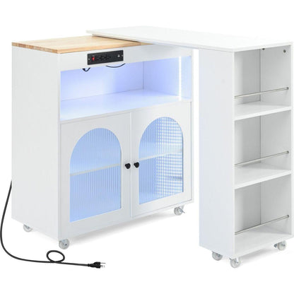 Rolling Kitchen Island With Movable Extended Table, Kitchen Cabinet on Wheels with Power Outlets and 2 Fluted Glass Doors, Kitchen Island with a Storage Compartment and Side 3 Open Shelves, White