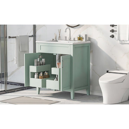 30" Bathroom Vanity with Sink, Multi-functional Bathroom Cabinet with Doors and Drawers, Solid Frame and MDF Board, Green