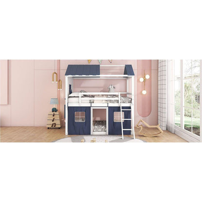 Full Size Bunk Wood House Bed with Elegant Windows, Sills and Tent, Blue+White