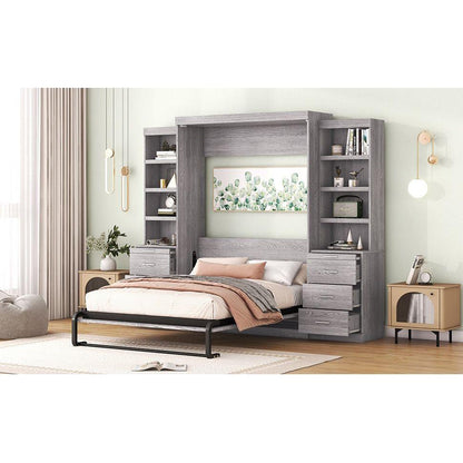 Full Size Murphy Bed with Storage Shelves and Drawers, Gray