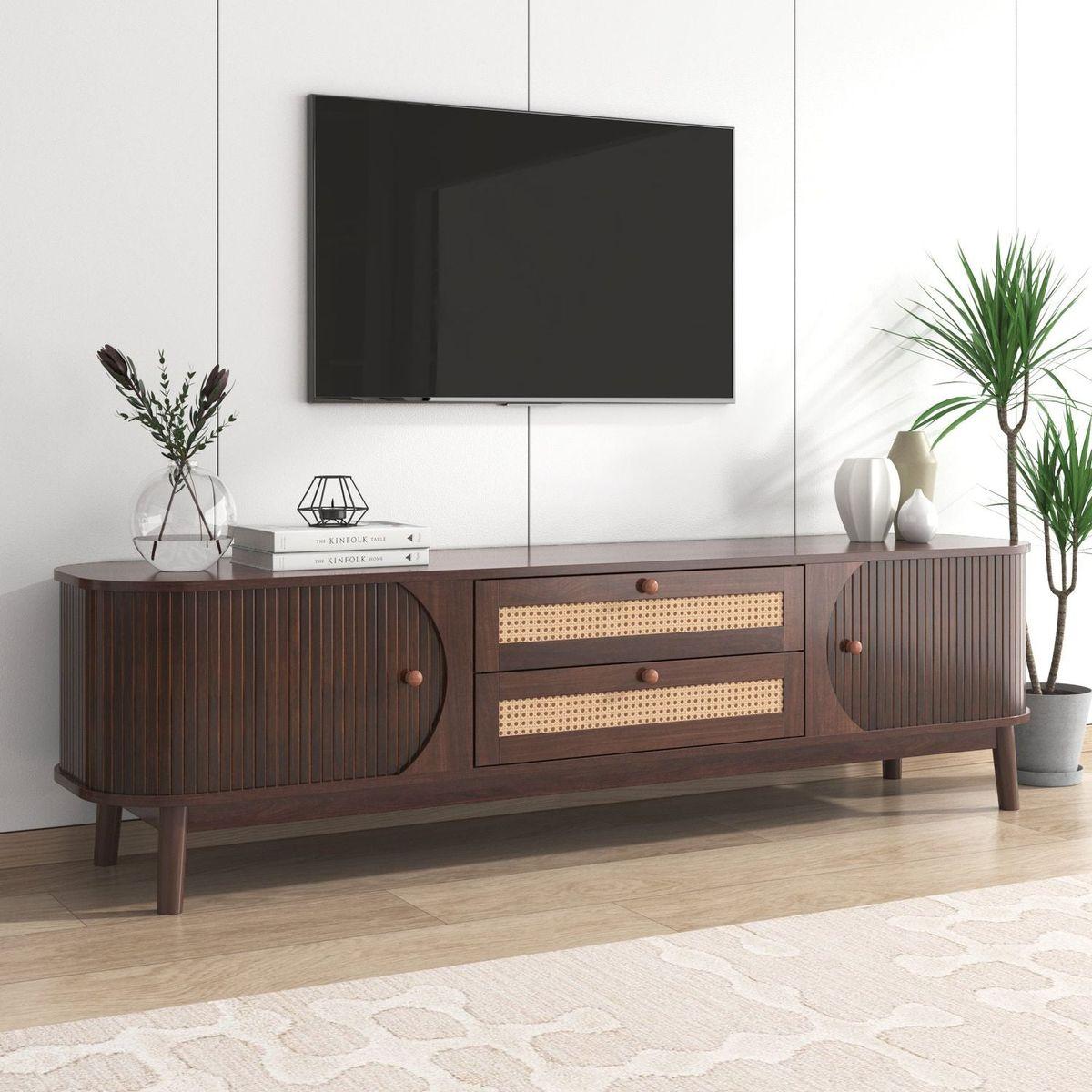Rattan TV Stand for TVs up to 75", Modern Farmhouse Media Console, Entertainment Center with Solid Wood Legs, TV Cabinet for Living Room,Home Theatre